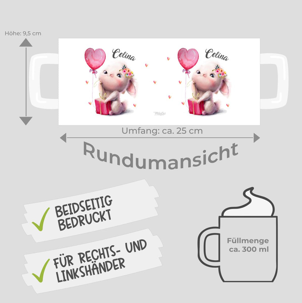 Keramik Tasse Süßer kleiner Hase mit Geschenk und Luftballon mit Wunschname - von Mikalino