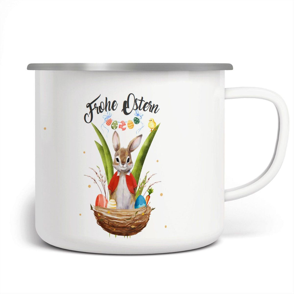 Emaille Tasse Frohe Ostern Hase im Körbchen - von Mikalino