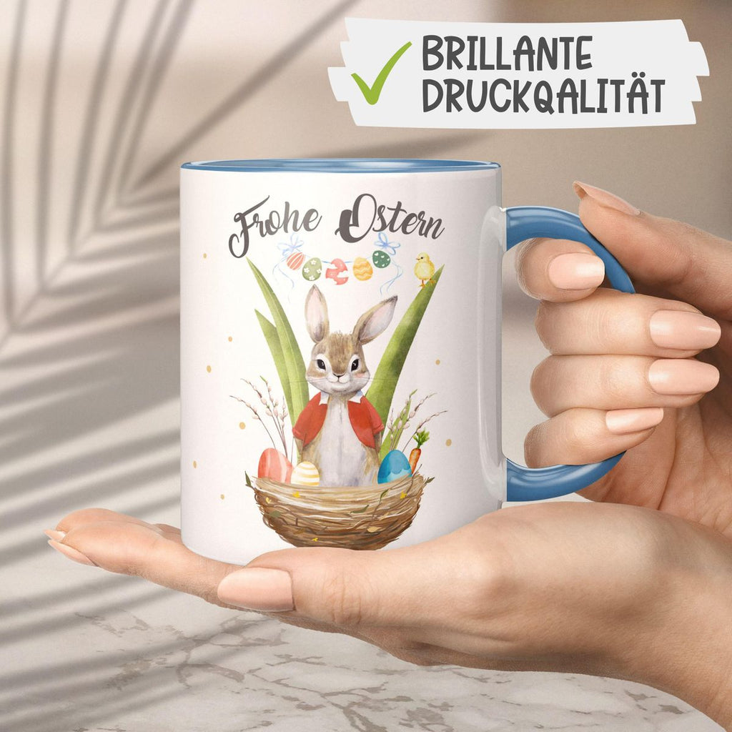 Keramik Tasse Frohe Ostern Hase im Körbchen - von Mikalino