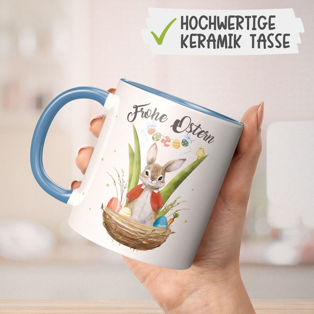 Keramik Tasse Frohe Ostern Hase im Körbchen - von Mikalino