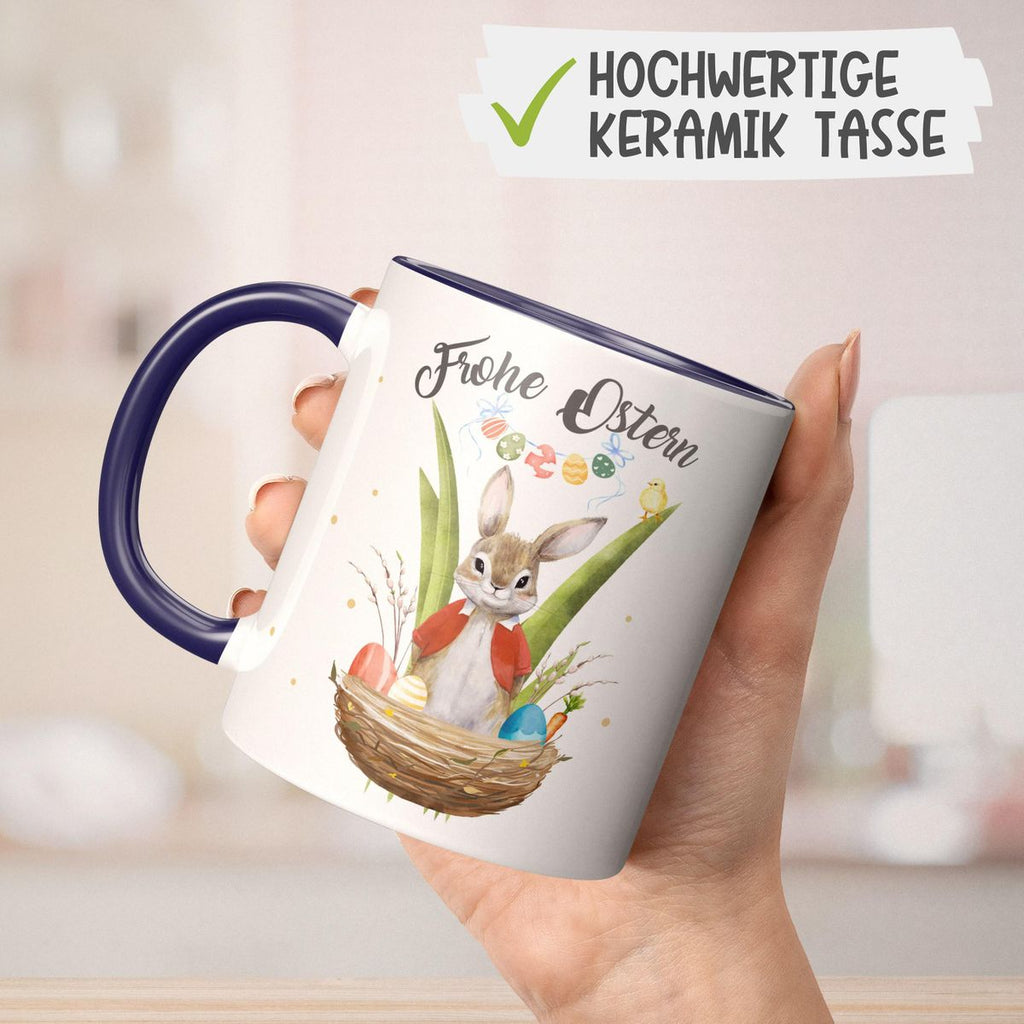 Keramik Tasse Frohe Ostern Hase im Körbchen - von Mikalino