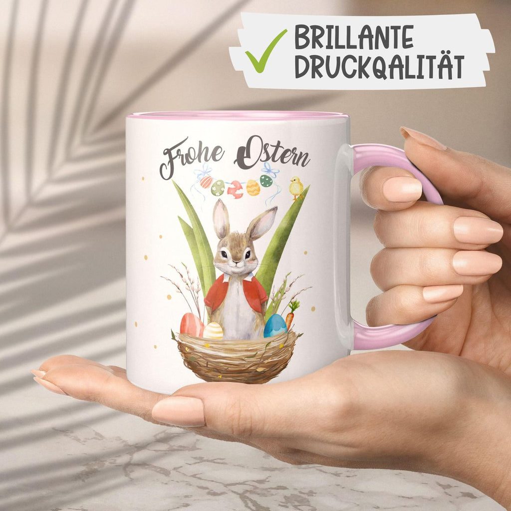 Keramik Tasse Frohe Ostern Hase im Körbchen - von Mikalino