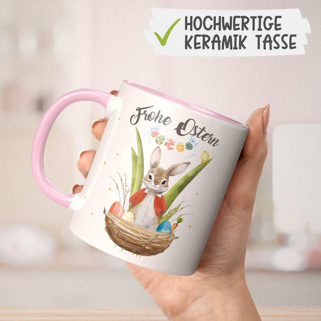 Keramik Tasse Frohe Ostern Hase im Körbchen - von Mikalino