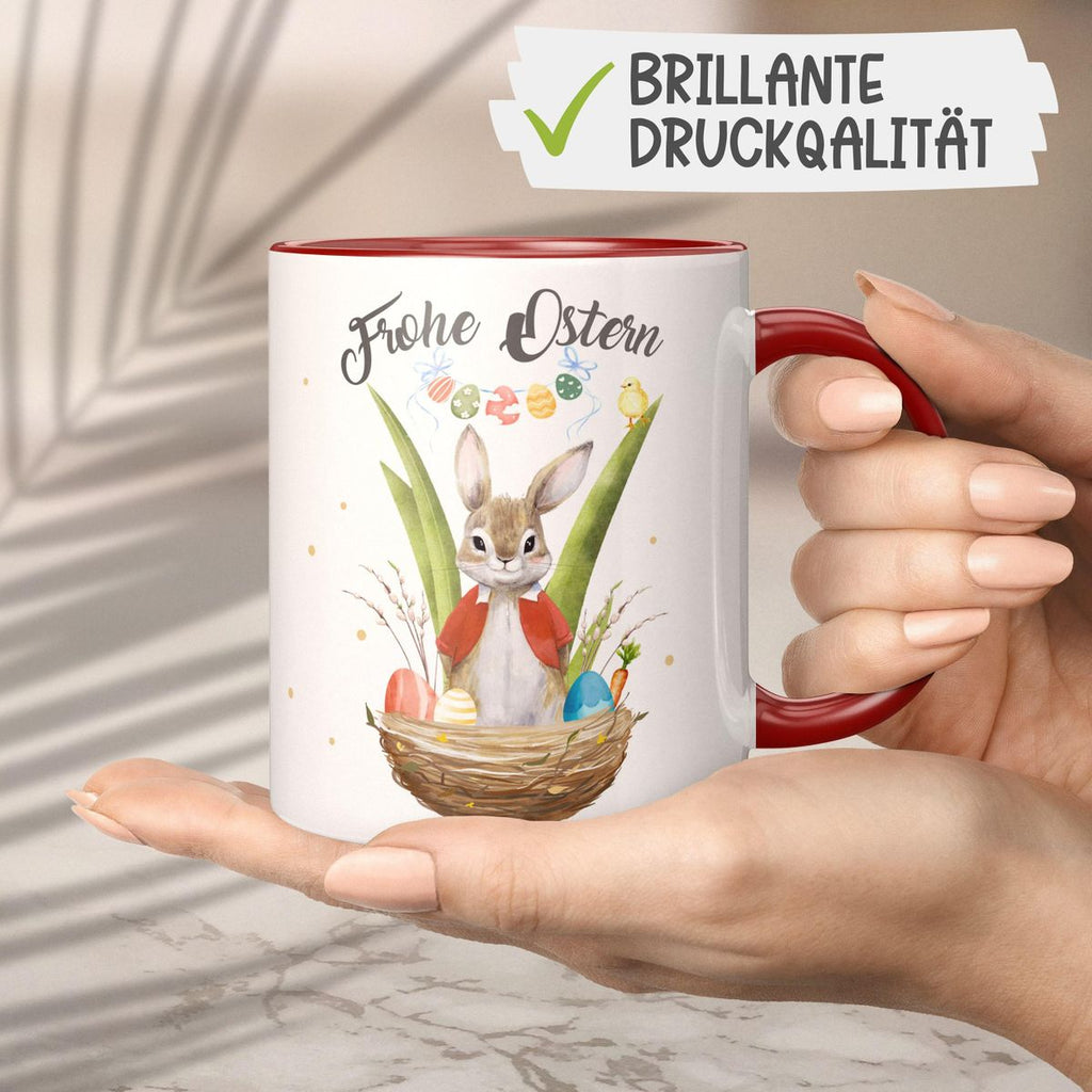 Keramik Tasse Frohe Ostern Hase im Körbchen - von Mikalino