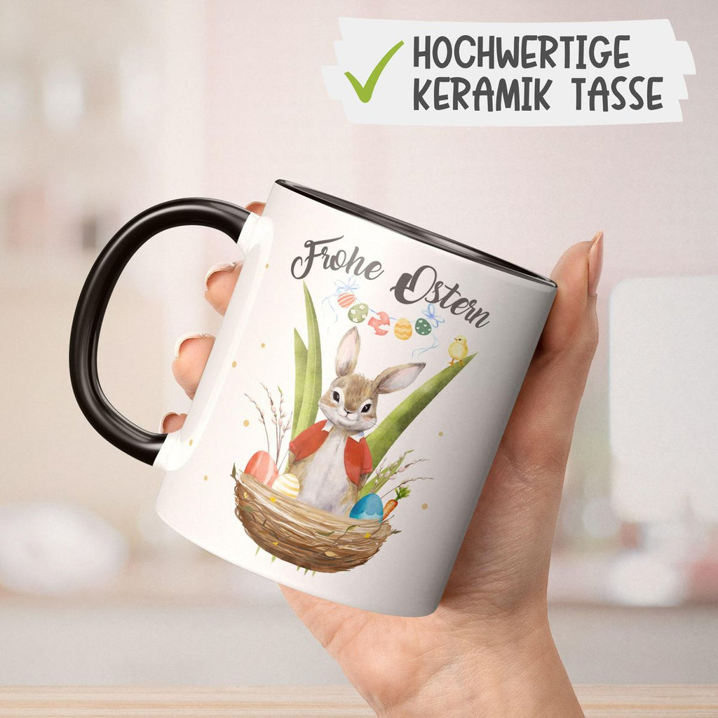 Keramik Tasse Frohe Ostern Hase im Körbchen - von Mikalino