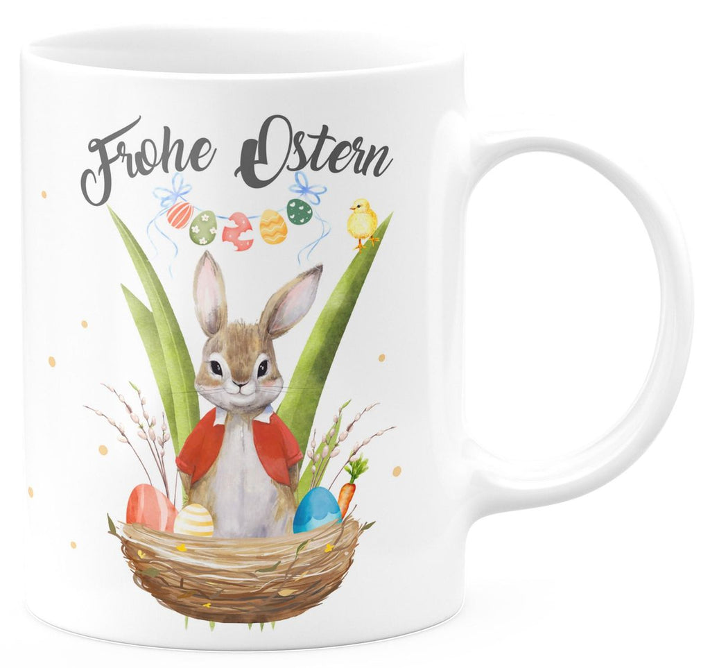 Keramik Tasse Frohe Ostern Hase im Körbchen - von Mikalino