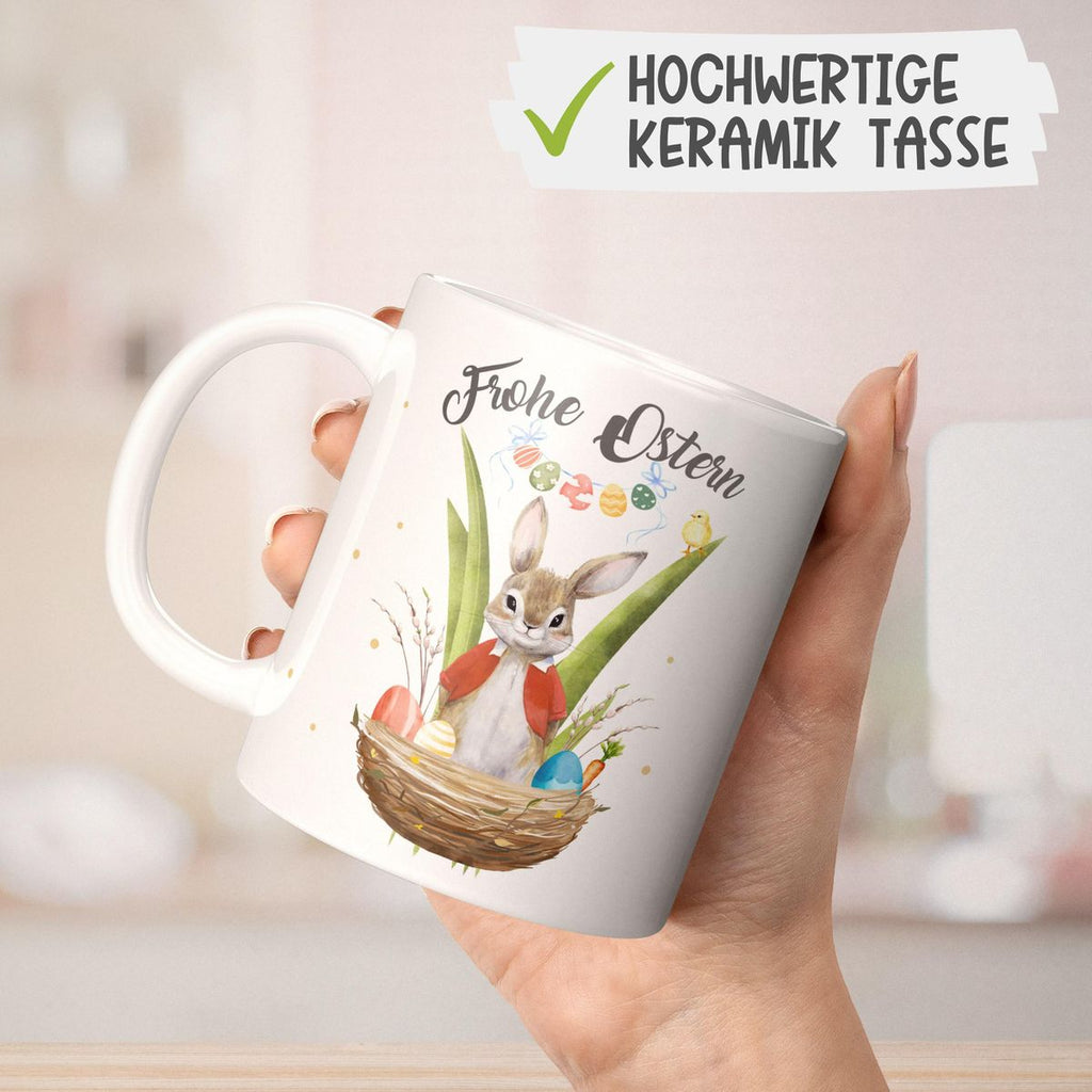 Keramik Tasse Frohe Ostern Hase im Körbchen - von Mikalino