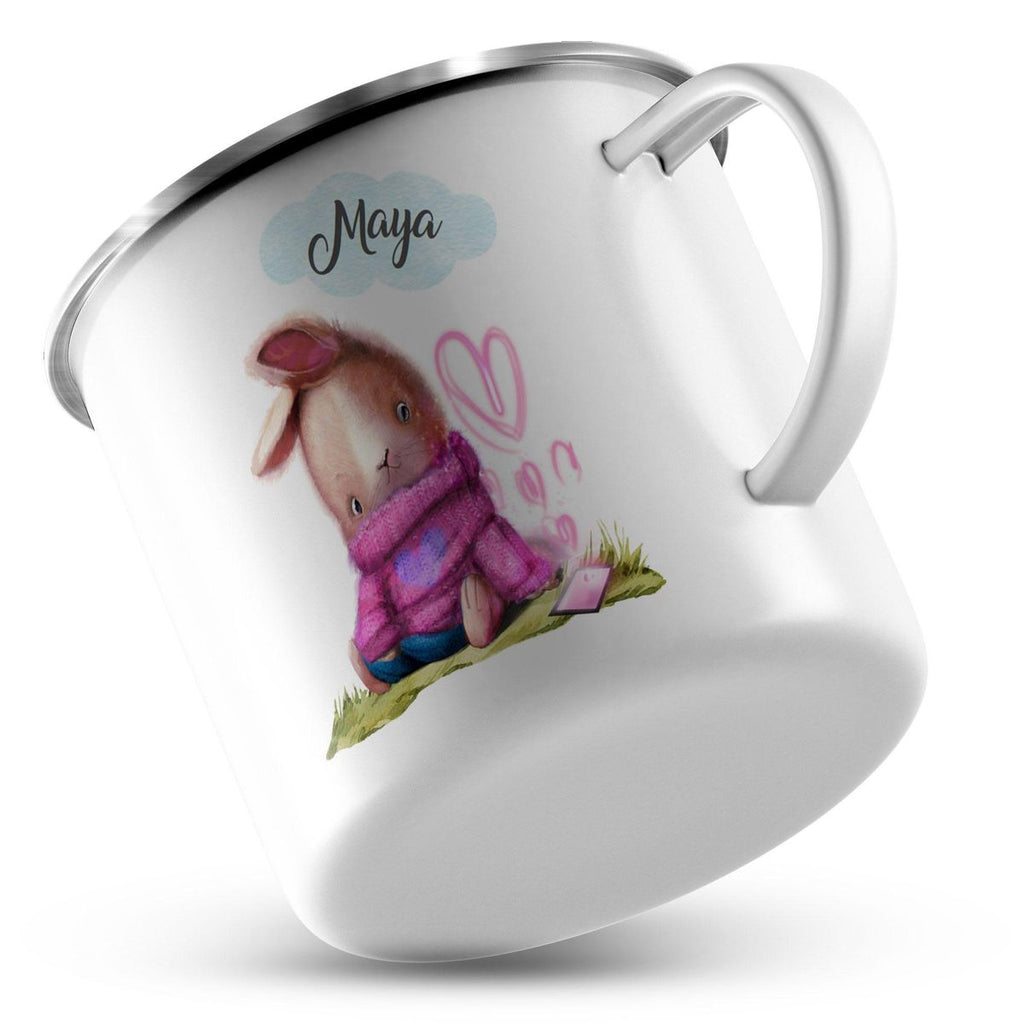 Emaille Tasse Niedlicher Hase mit Herzen und Wunschname - von Mikalino