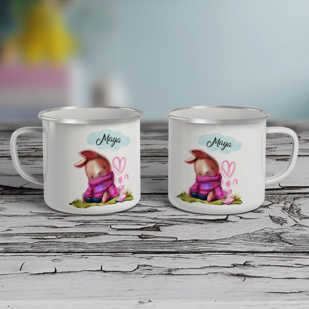 Emaille Tasse Niedlicher Hase mit Herzen und Wunschname - von Mikalino