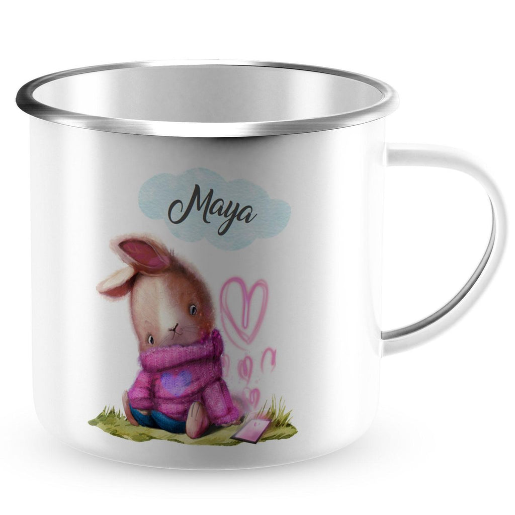 Emaille Tasse Niedlicher Hase mit Herzen und Wunschname - von Mikalino