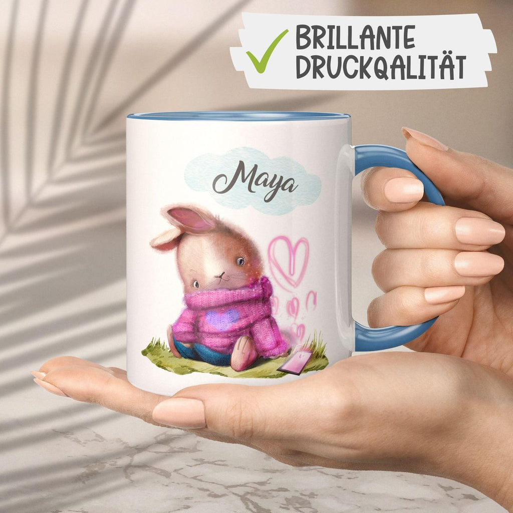 Keramik Tasse Niedlicher Hase mit Herzen und Wunschname - von Mikalino