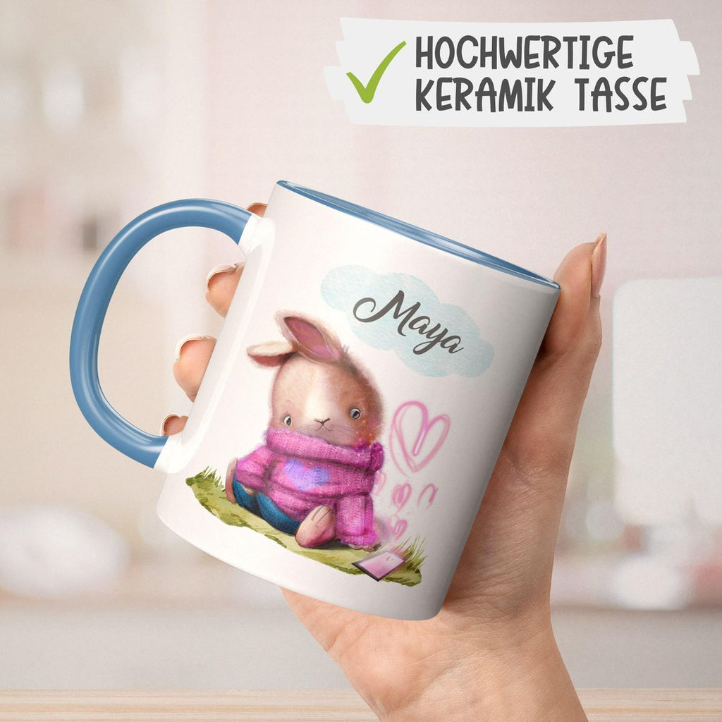 Keramik Tasse Niedlicher Hase mit Herzen und Wunschname - von Mikalino