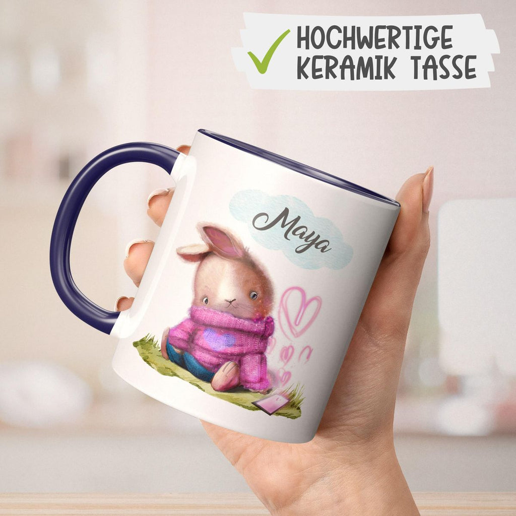 Keramik Tasse Niedlicher Hase mit Herzen und Wunschname - von Mikalino