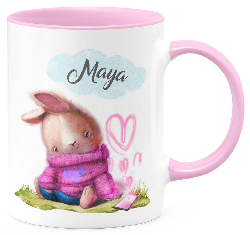 Keramik Tasse Niedlicher Hase mit Herzen und Wunschname - von Mikalino