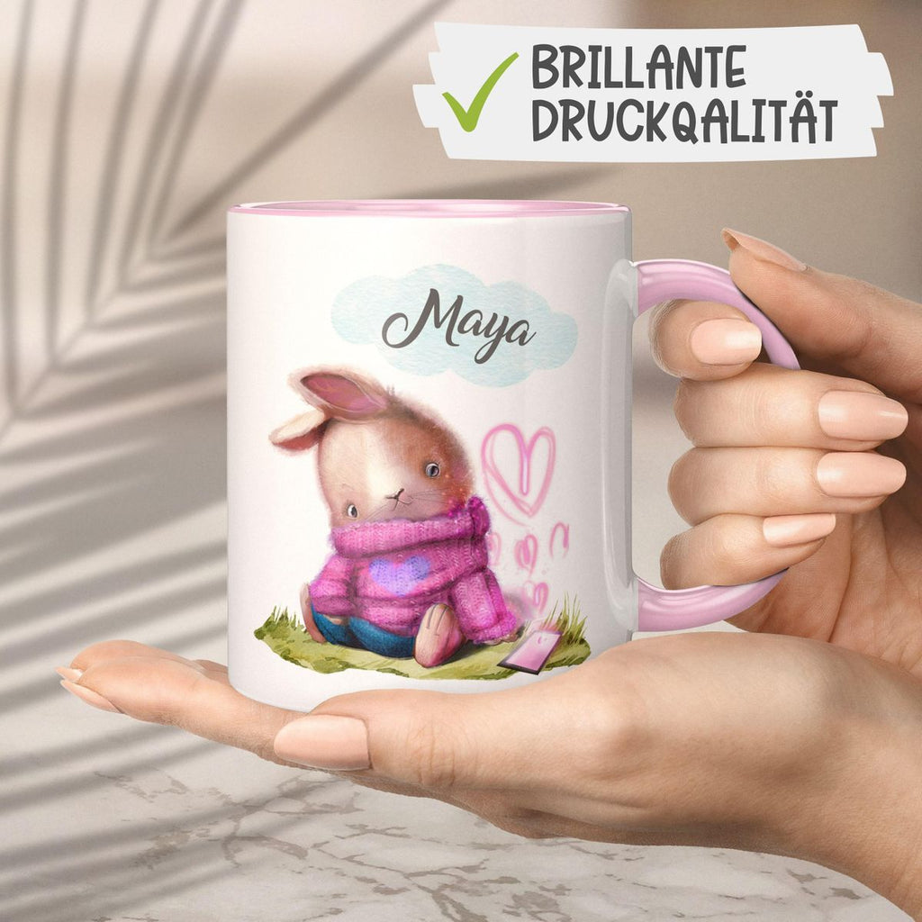 Keramik Tasse Niedlicher Hase mit Herzen und Wunschname - von Mikalino