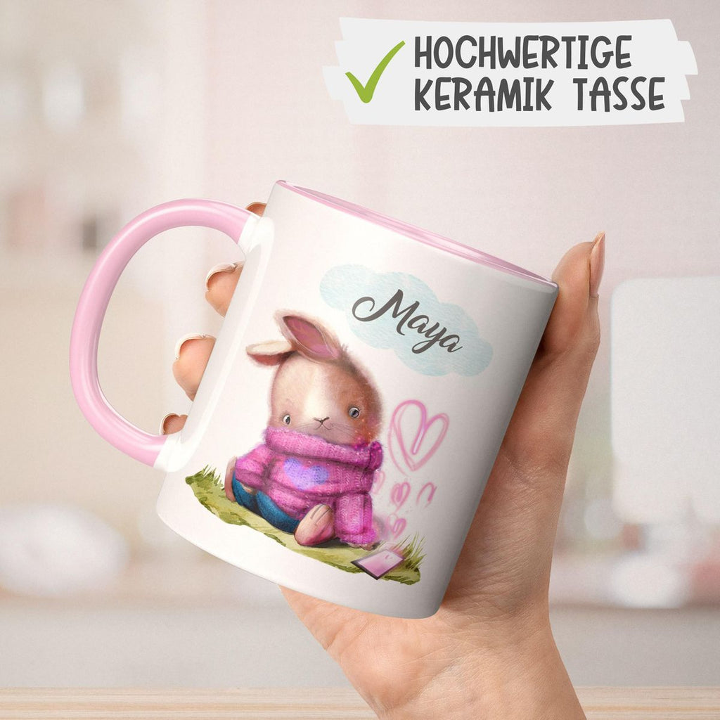 Keramik Tasse Niedlicher Hase mit Herzen und Wunschname - von Mikalino