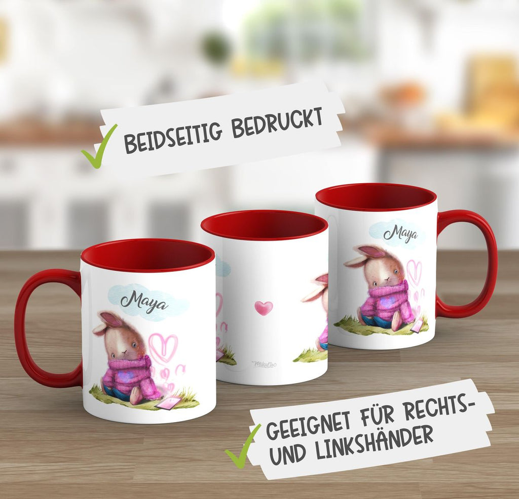 Keramik Tasse Niedlicher Hase mit Herzen und Wunschname - von Mikalino