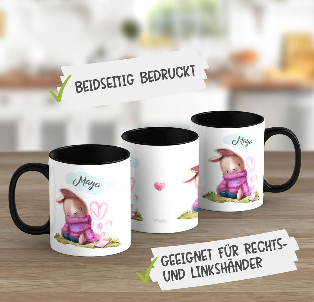 Keramik Tasse Niedlicher Hase mit Herzen und Wunschname - von Mikalino