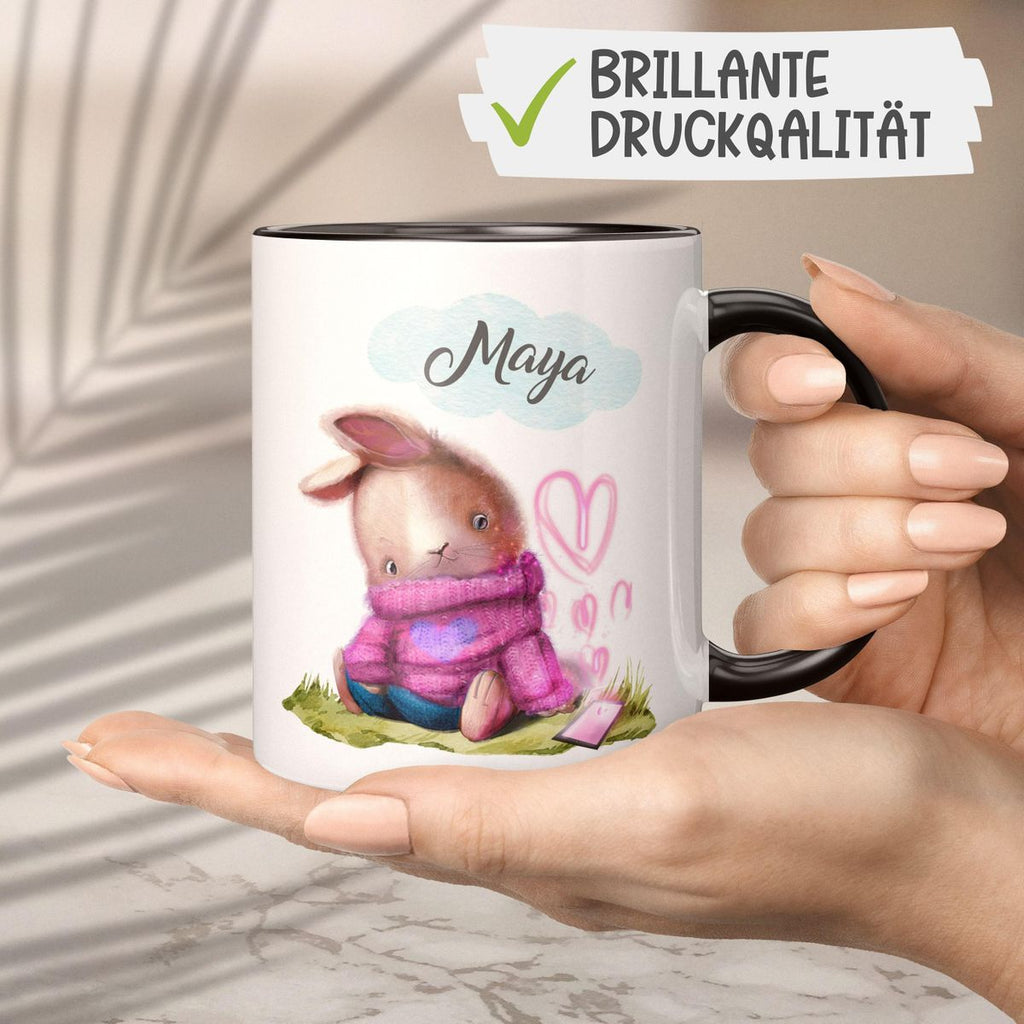 Keramik Tasse Niedlicher Hase mit Herzen und Wunschname - von Mikalino