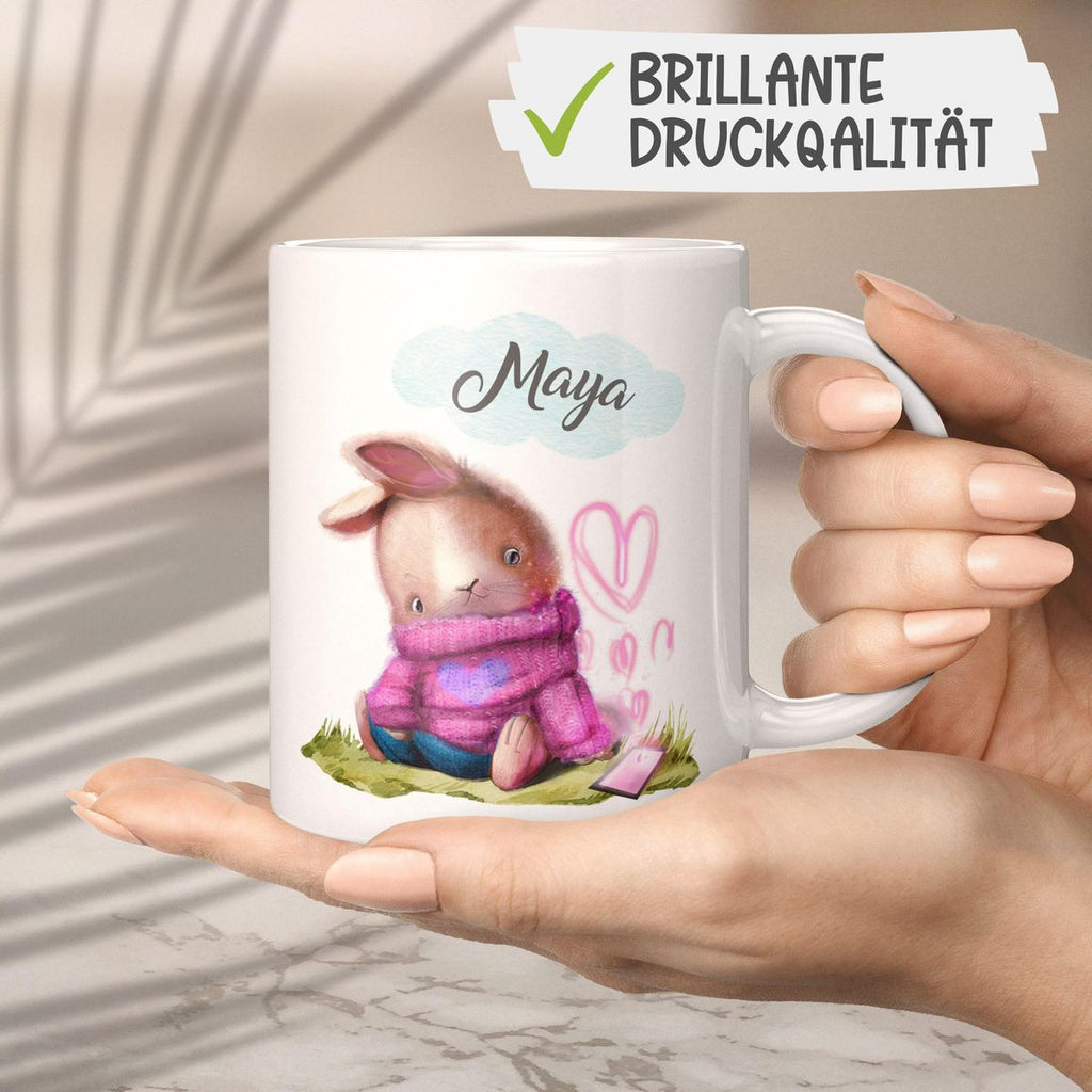 Keramik Tasse Niedlicher Hase mit Herzen und Wunschname - von Mikalino