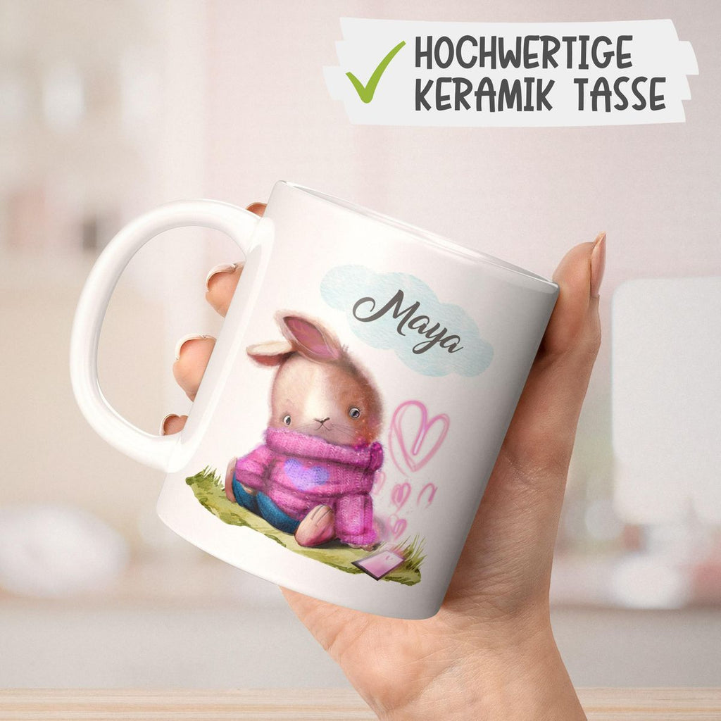 Keramik Tasse Niedlicher Hase mit Herzen und Wunschname - von Mikalino