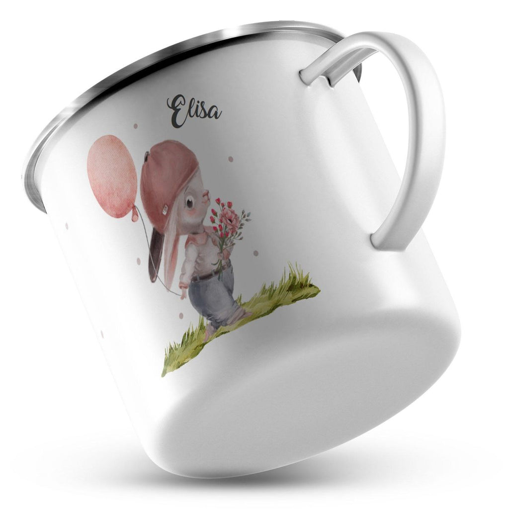 Emaille Tasse Fröhlicher Hase mit Cappy und Wunschname - von Mikalino