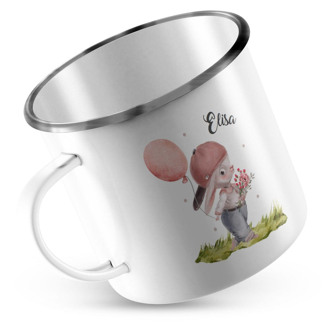 Emaille Tasse Fröhlicher Hase mit Cappy und Wunschname - von Mikalino