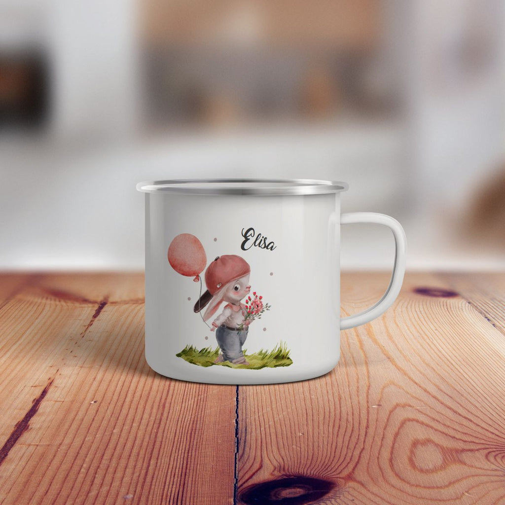 Emaille Tasse Fröhlicher Hase mit Cappy und Wunschname - von Mikalino