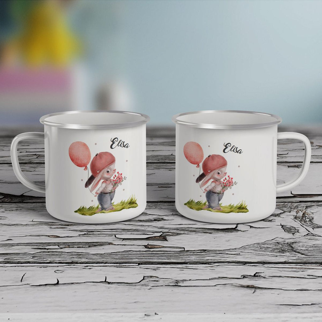 Emaille Tasse Fröhlicher Hase mit Cappy und Wunschname - von Mikalino