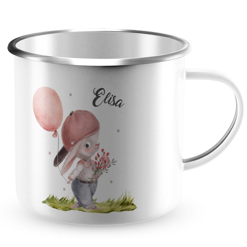 Emaille Tasse Fröhlicher Hase mit Cappy und Wunschname - von Mikalino