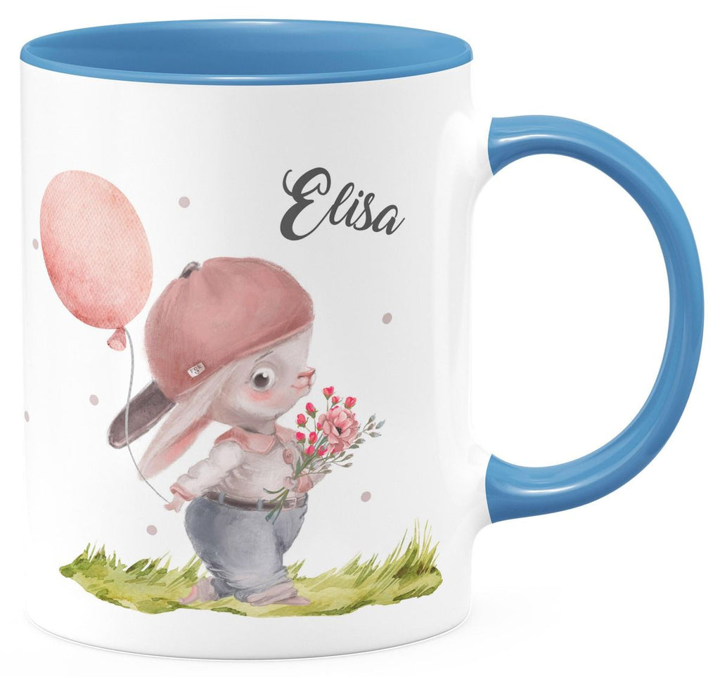 Keramik Tasse Fröhlicher Hase mit Cappy und Wunschname - von Mikalino