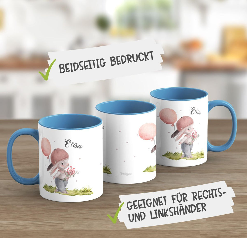 Keramik Tasse Fröhlicher Hase mit Cappy und Wunschname - von Mikalino