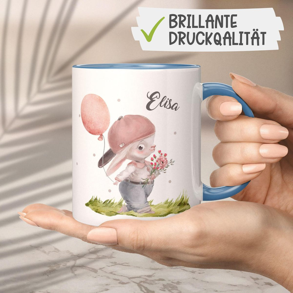 Keramik Tasse Fröhlicher Hase mit Cappy und Wunschname - von Mikalino