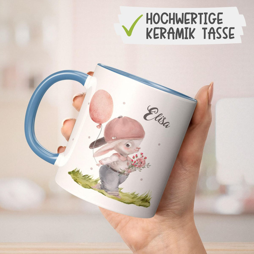 Keramik Tasse Fröhlicher Hase mit Cappy und Wunschname - von Mikalino