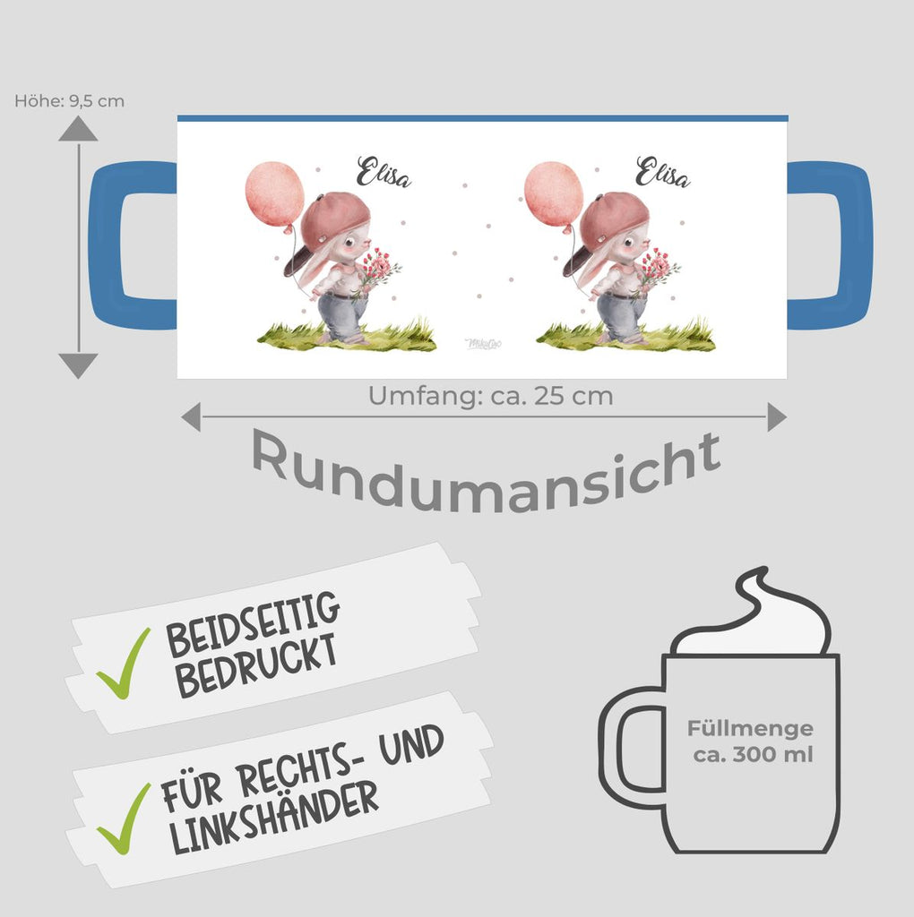 Keramik Tasse Fröhlicher Hase mit Cappy und Wunschname - von Mikalino