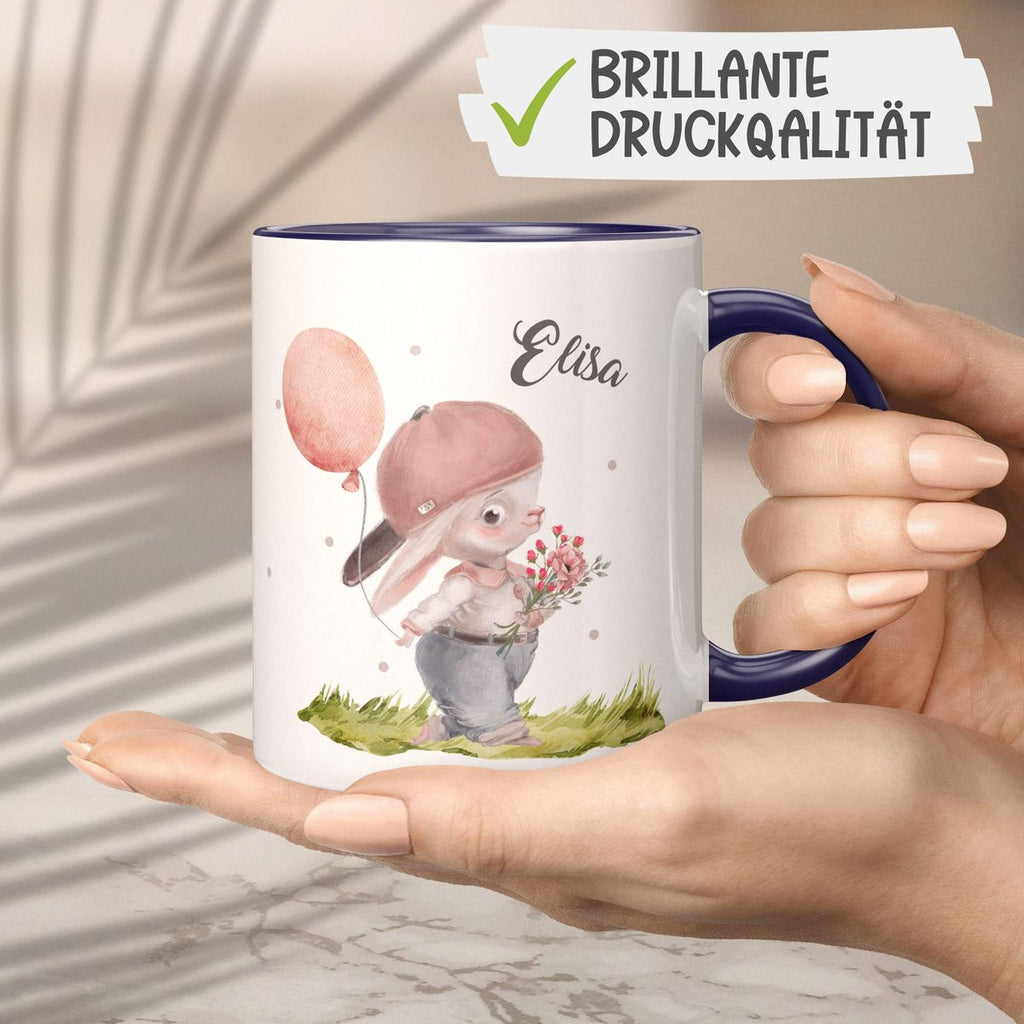 Keramik Tasse Fröhlicher Hase mit Cappy und Wunschname - von Mikalino