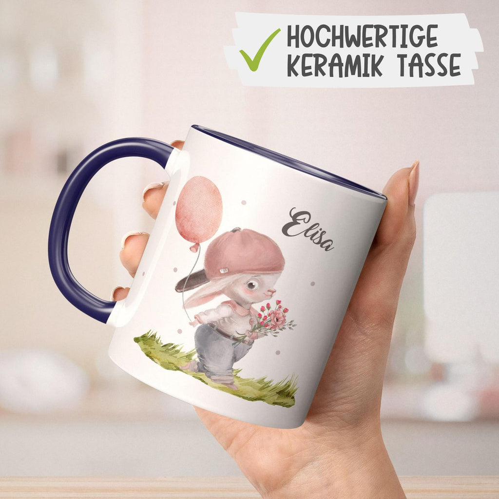 Keramik Tasse Fröhlicher Hase mit Cappy und Wunschname - von Mikalino