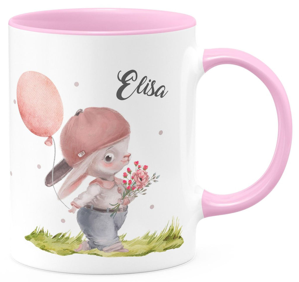 Keramik Tasse Fröhlicher Hase mit Cappy und Wunschname - von Mikalino