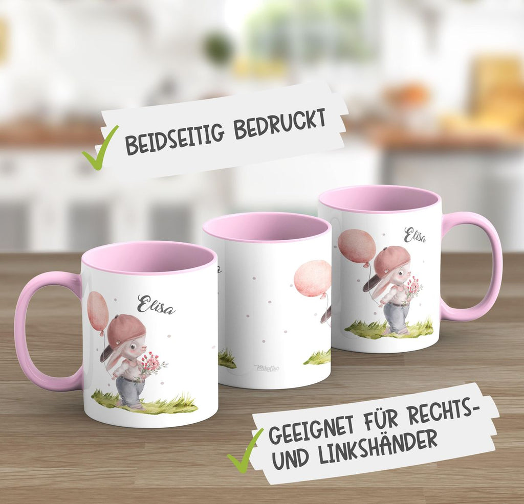 Keramik Tasse Fröhlicher Hase mit Cappy und Wunschname - von Mikalino