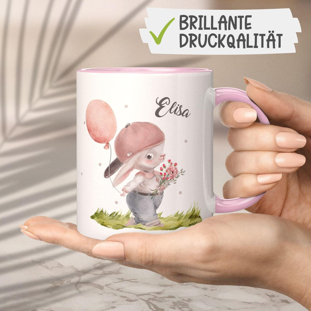 Keramik Tasse Fröhlicher Hase mit Cappy und Wunschname - von Mikalino