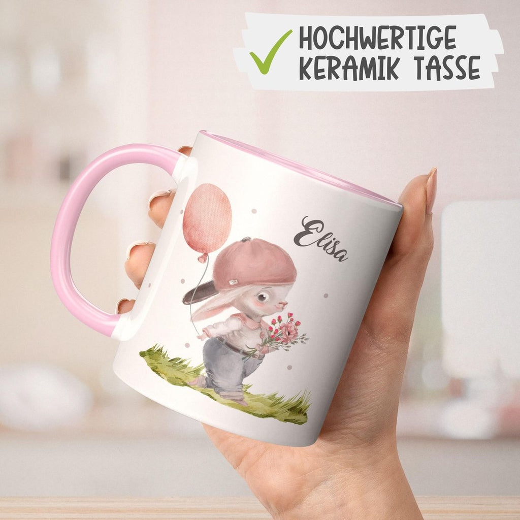 Keramik Tasse Fröhlicher Hase mit Cappy und Wunschname - von Mikalino