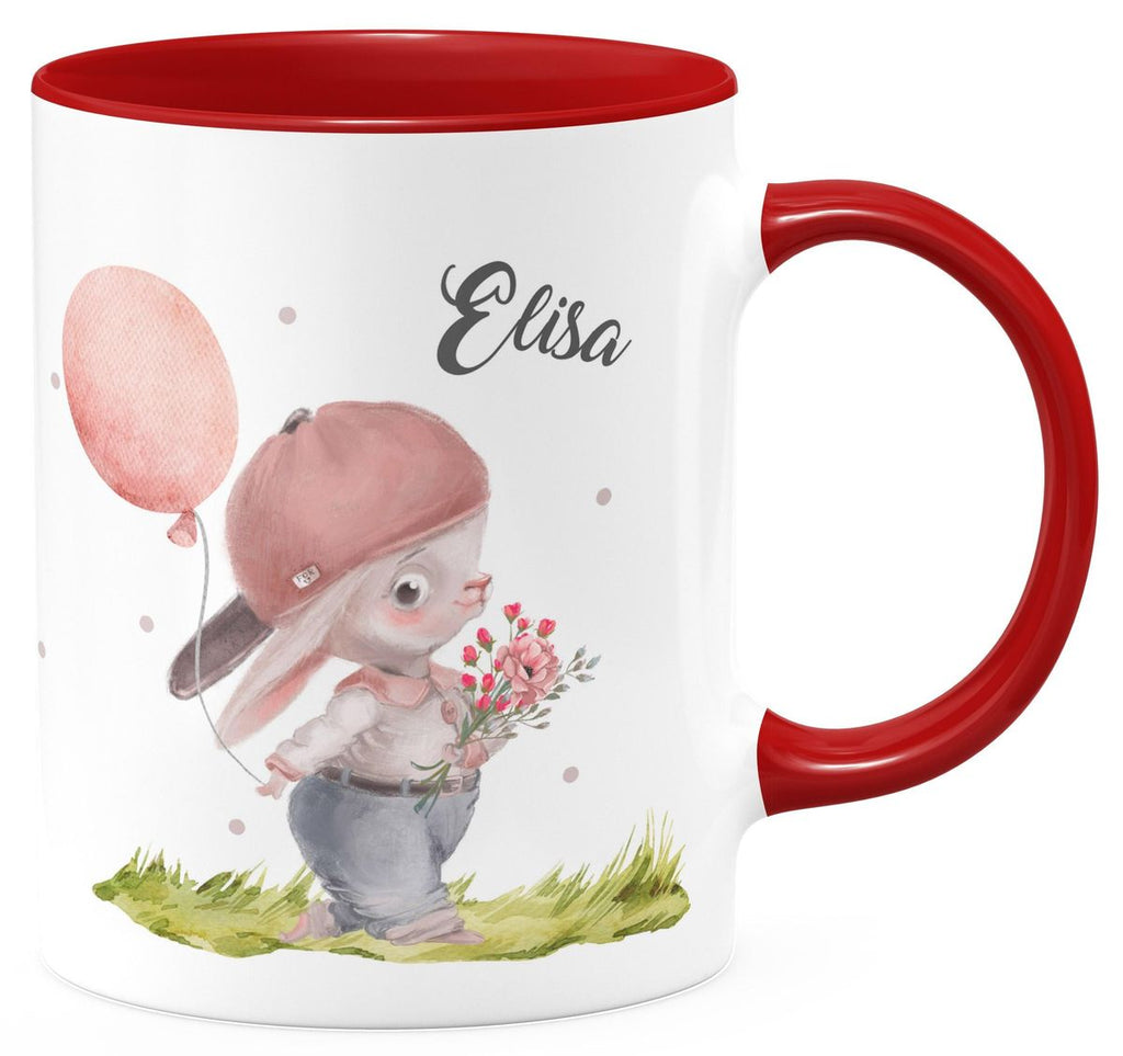 Keramik Tasse Fröhlicher Hase mit Cappy und Wunschname - von Mikalino