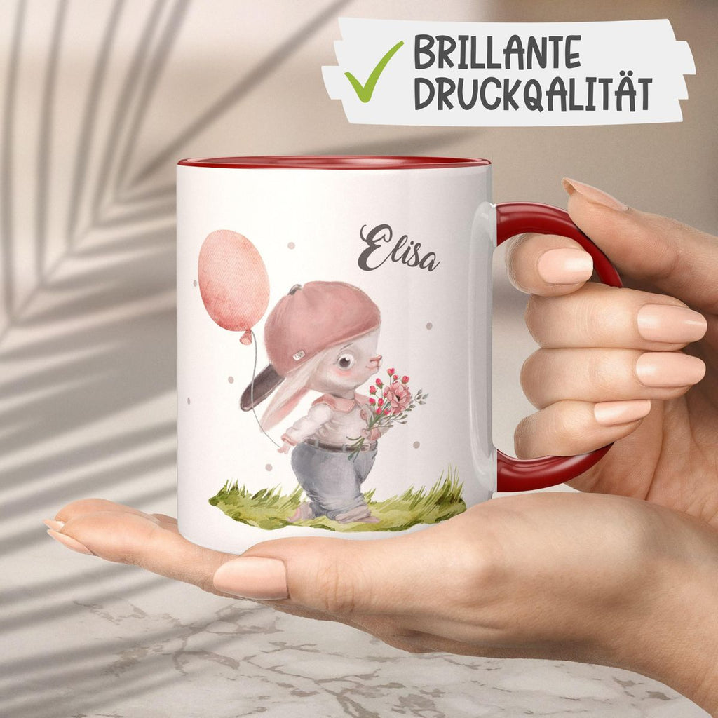 Keramik Tasse Fröhlicher Hase mit Cappy und Wunschname - von Mikalino