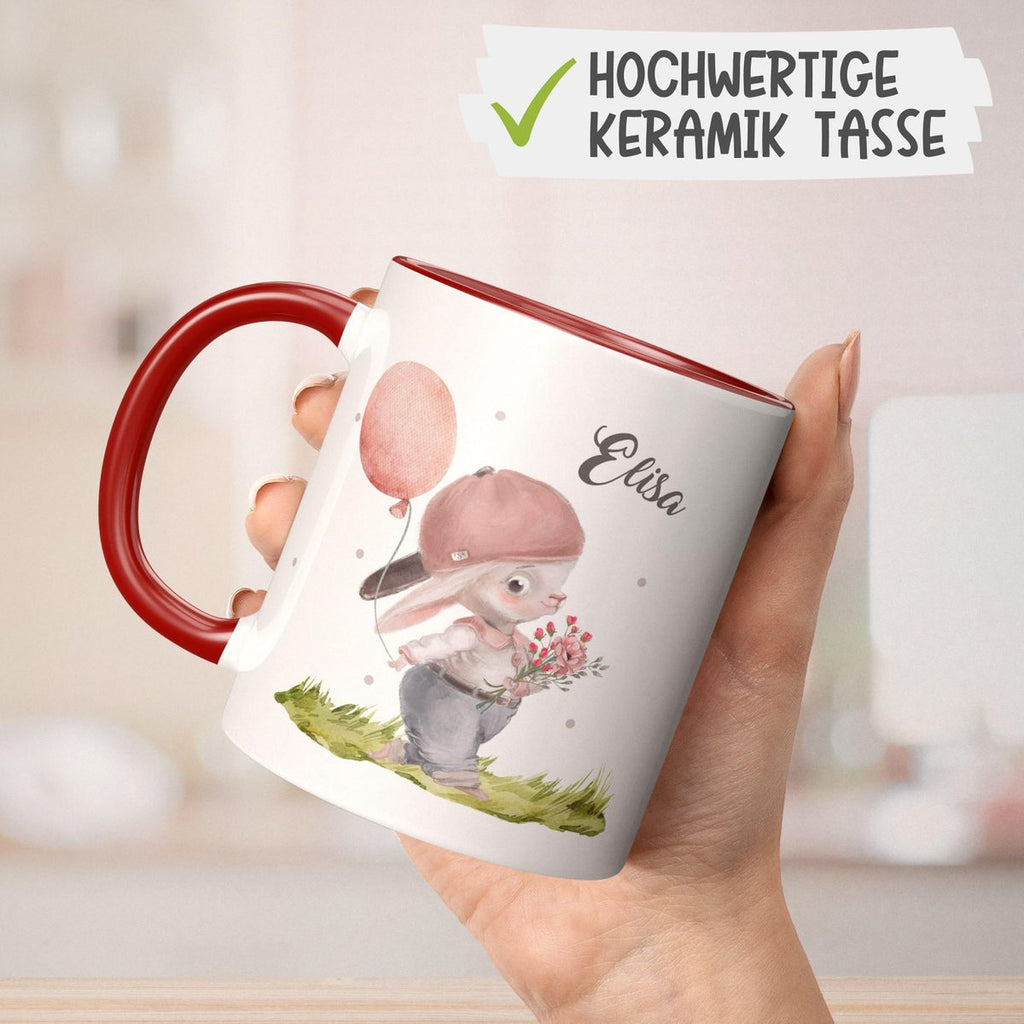 Keramik Tasse Fröhlicher Hase mit Cappy und Wunschname - von Mikalino