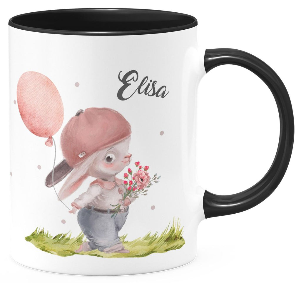 Keramik Tasse Fröhlicher Hase mit Cappy und Wunschname - von Mikalino