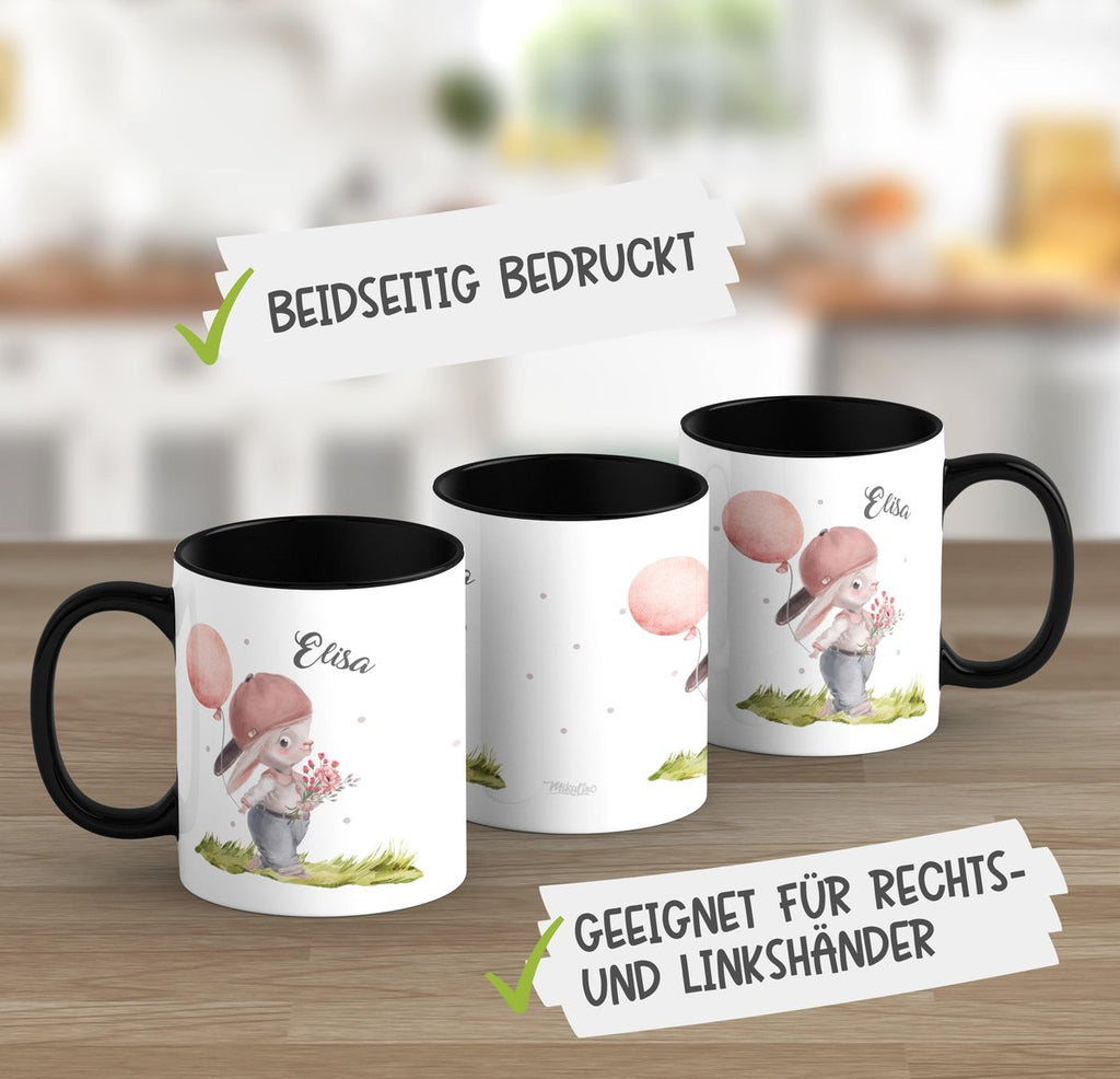 Keramik Tasse Fröhlicher Hase mit Cappy und Wunschname - von Mikalino