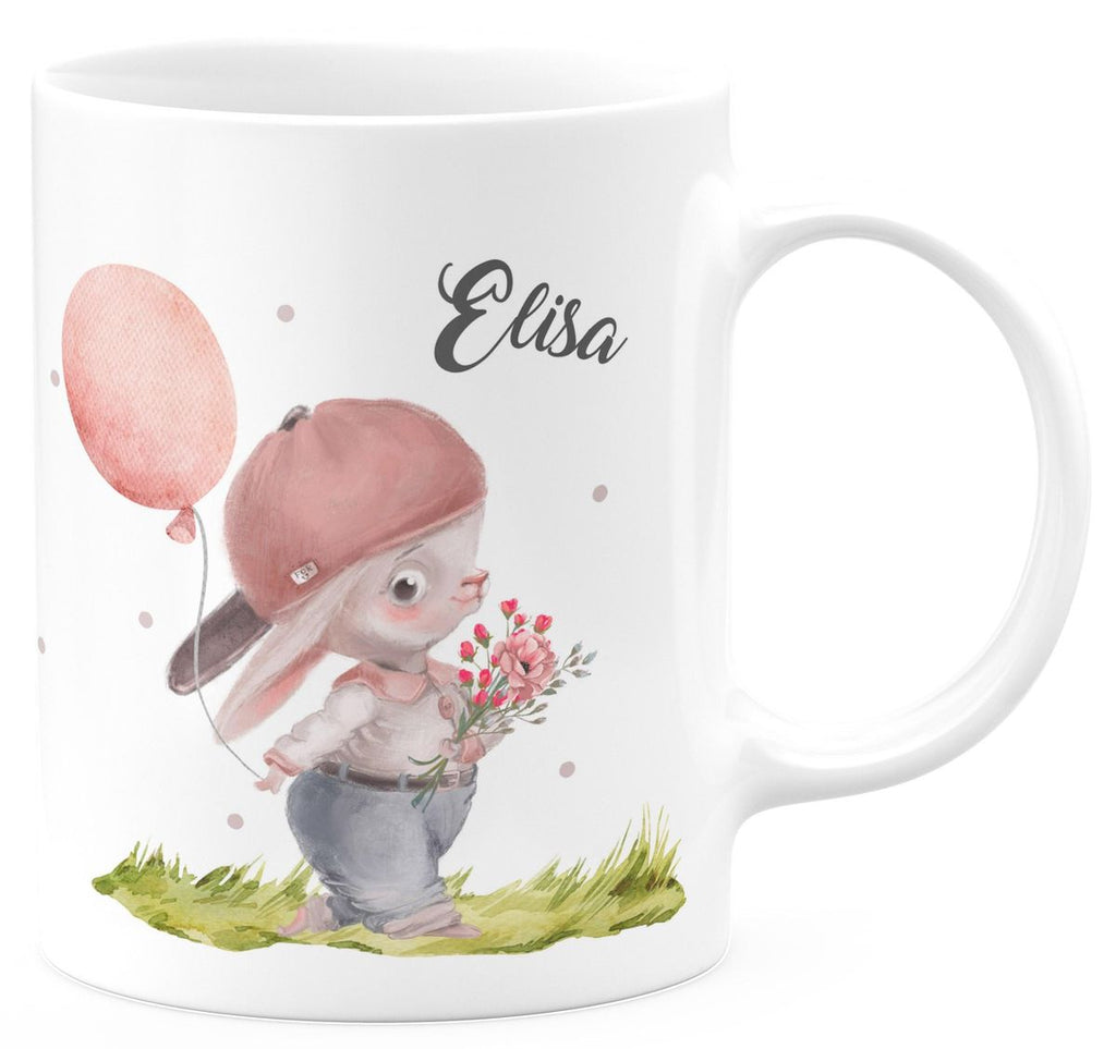 Keramik Tasse Fröhlicher Hase mit Cappy und Wunschname - von Mikalino