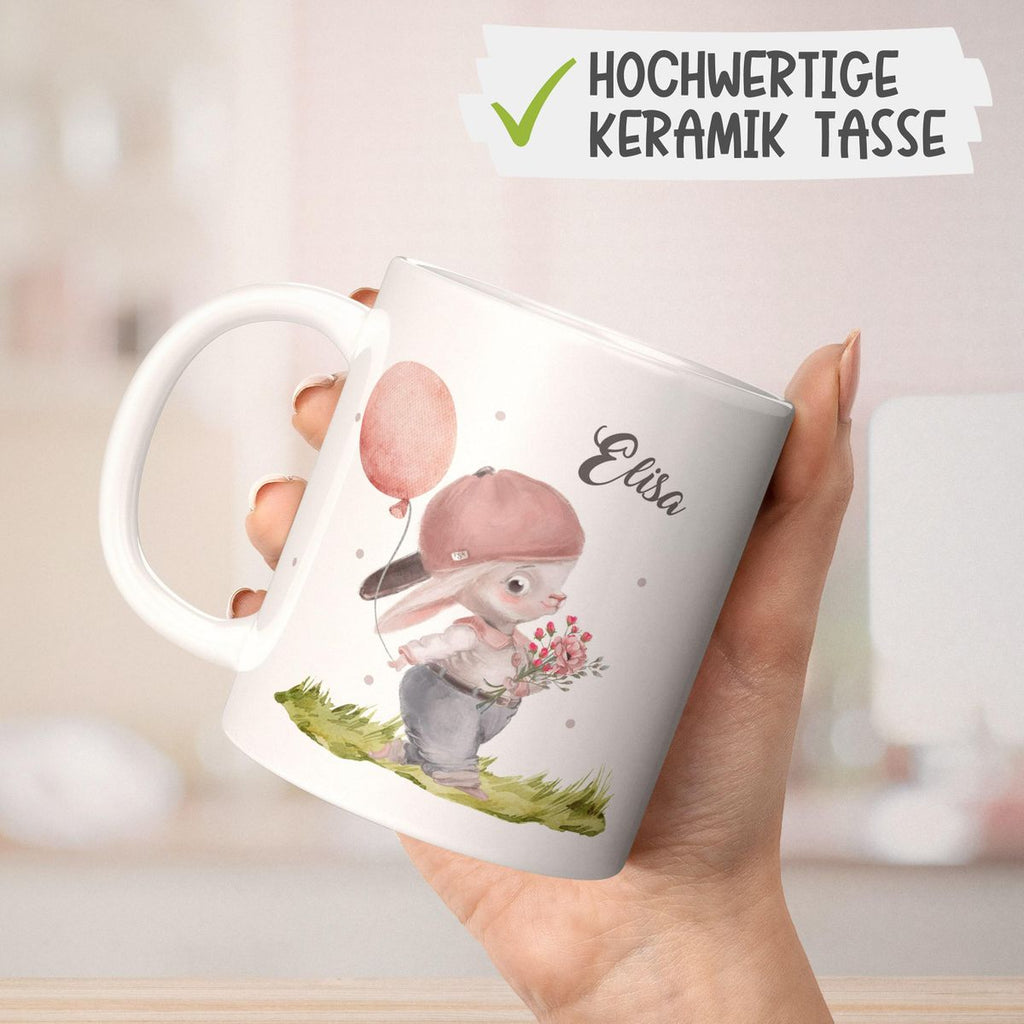 Keramik Tasse Fröhlicher Hase mit Cappy und Wunschname - von Mikalino