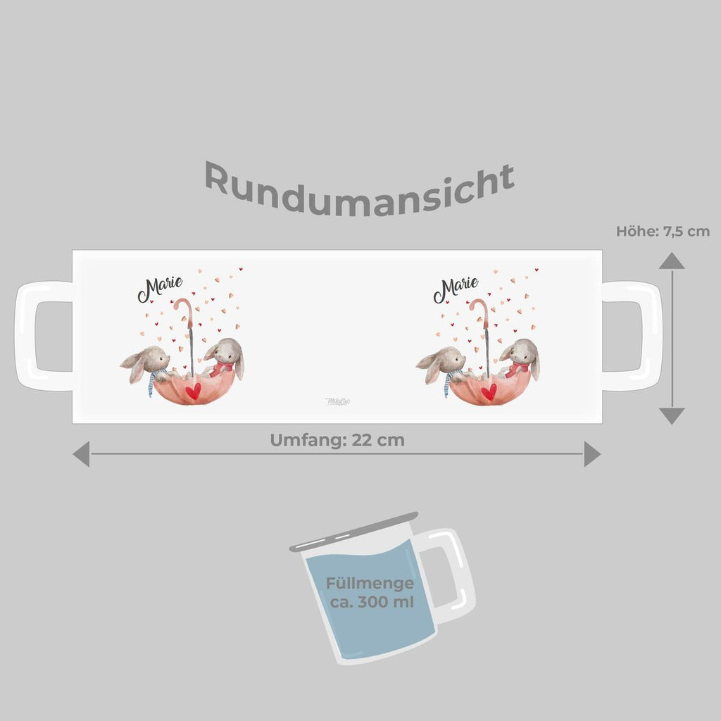 Emaille Tasse Zwei süße Hasen im Regenschirm mit Wunschname - von Mikalino