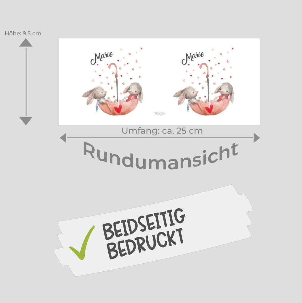 Kinder Spardose Zwei süße Hasen im Regenschirm mit Wunschnamen - von Mikalino